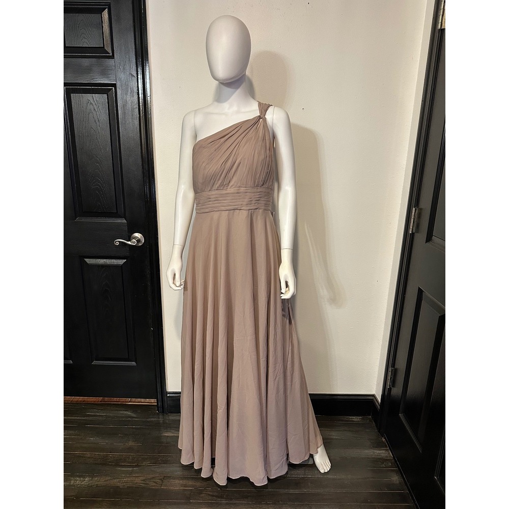 Taupe Chiffon One Shoulder Formal Gown Pleated A-Line Maxi Dress Bridesmaid